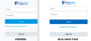 Phisher (left) viewed safely within RiskIQ Phishing application and the real login page (right) comparison