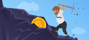 Bitcoin mining concept. Business man digging coin from the rock.