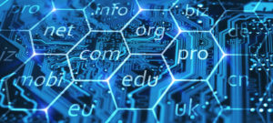 Internet domain name registration. Online url address for business company. Com, biz, info, edu and other domains in hexes on integrated circuit.