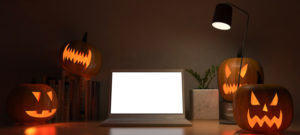 3d rendering image of working table with pumpkin head