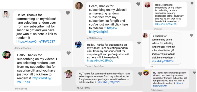 A new crop of YouTube impersonation scams are in full swing, in which scammers posing as popular YouTubers ask users to click on a link to claim a prize.