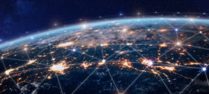 Global telecommunication network, nodes connected around earth, internet, worldwide communication