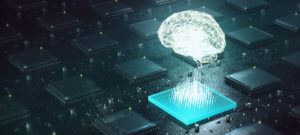Machine learning , artificial intelligence , ai, deep learning blockchain neural network concept. Brain made with shining wireframe above multiple blockchain cpu on circuit board 3d render.