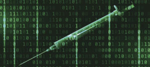 Matrix background with the green symbols and syringe. Internet A