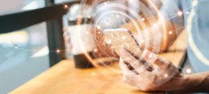 Man using mobile global network connection on social media virtual screen. Digital technology and networking.