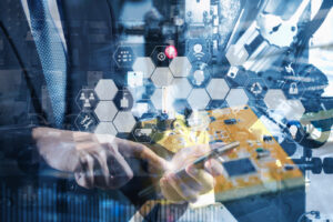 Double exposure of Engineer or Technician man with business industrial tool icons, enguneer using tablet with industrial business concept. Industry 4.0 concept