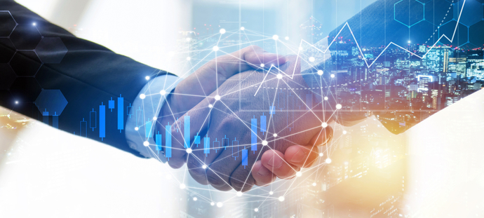 business man investor handshake with global network link connection and graph chart stock market diagram and city background, digital technology, internet communication, teamwork, partnership concept