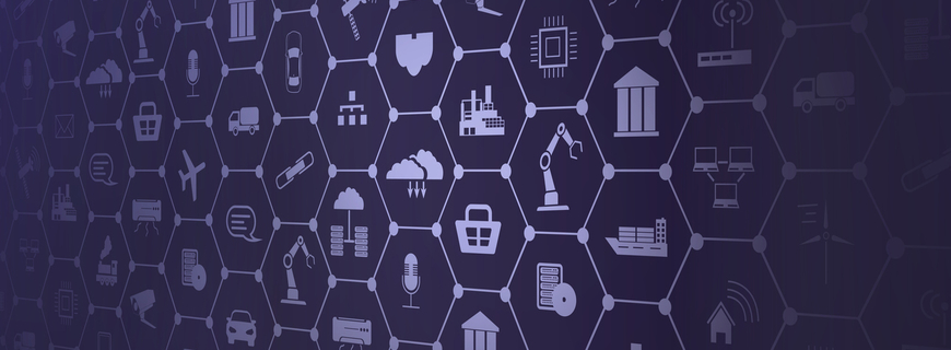 Concept of Industry 4.0. Automation, the flow of the icons, data exchange technology in production. Internet of things (IoT) networking concept for connected devices. Spider web of network connections