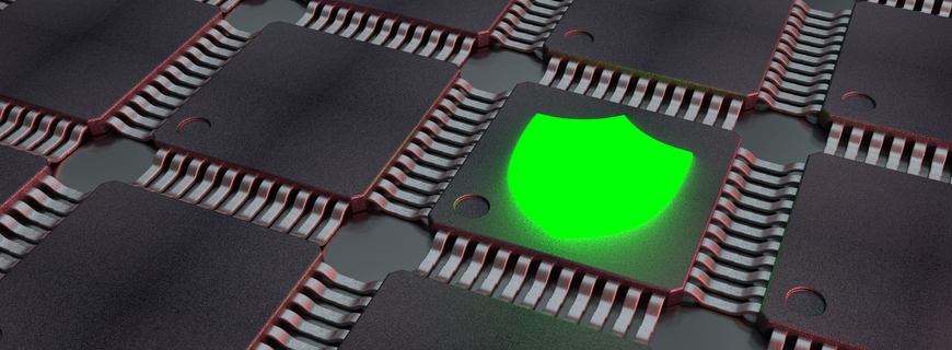 Grid of black cpus with shining green shield icon cybersecurity concept